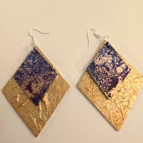 Hand Crafted Jewelry - HANDCRAFTED Wood Geometric Dangly Earrings HANDMADE HANDPAINTED Unique Jewelry